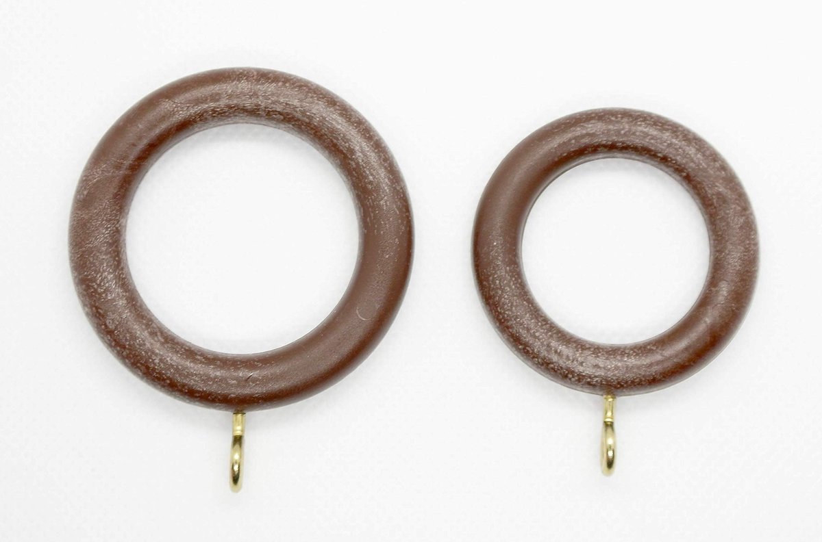 Walnoot kunststof gordijnringen met gouden oogjes en witte haken 36 mm binnendiameter houteffect ringen pak van 10 - ShopVlot
