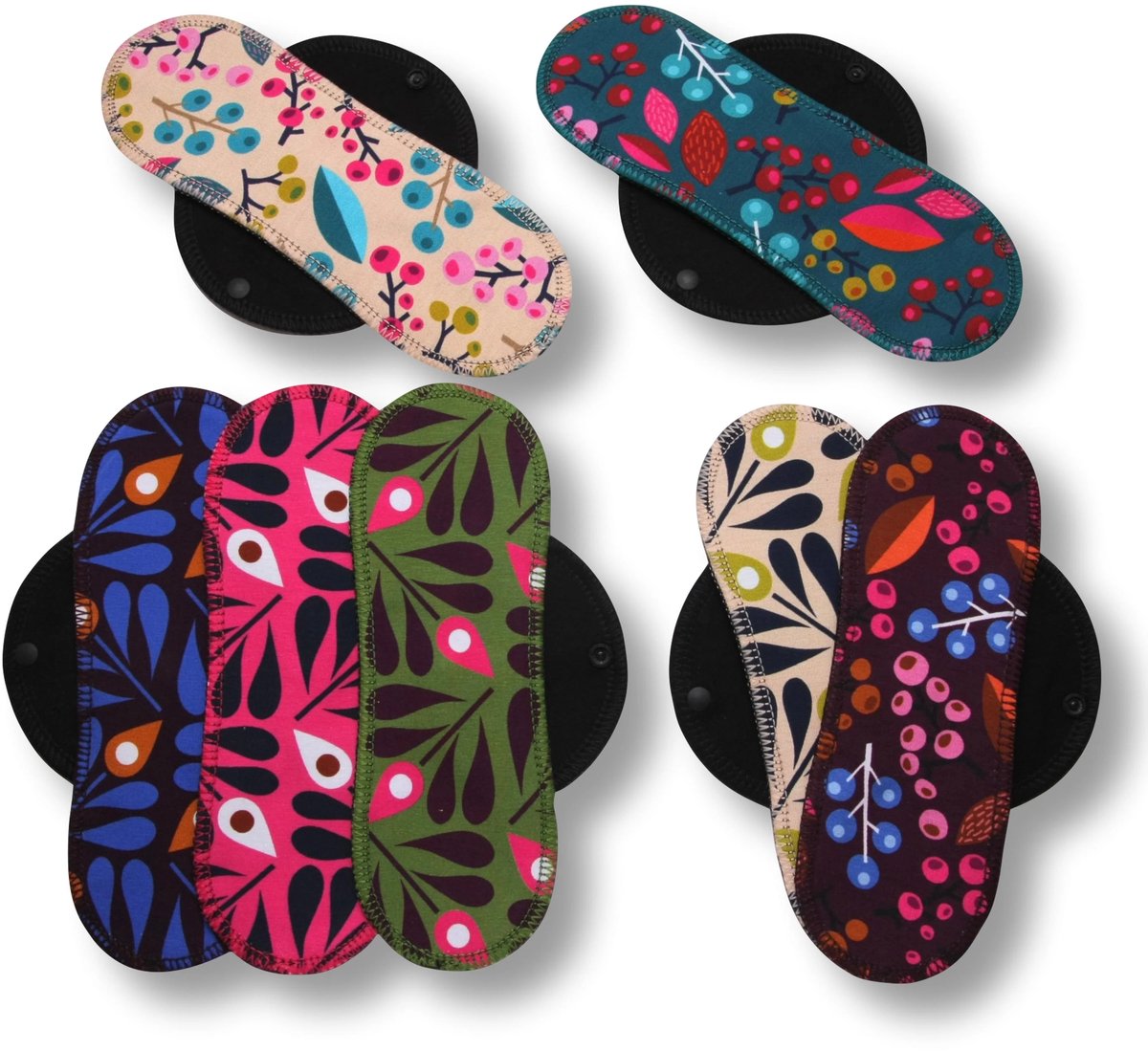 Natissy - wasbare inlegkruisjes zonder lekdicht laagje - set 7 stuks - bessen en pauwen print - zonder plastic - biologische katoen - dun en soepel - voor dagelijks gebruik - herbruikbaar - zero waste