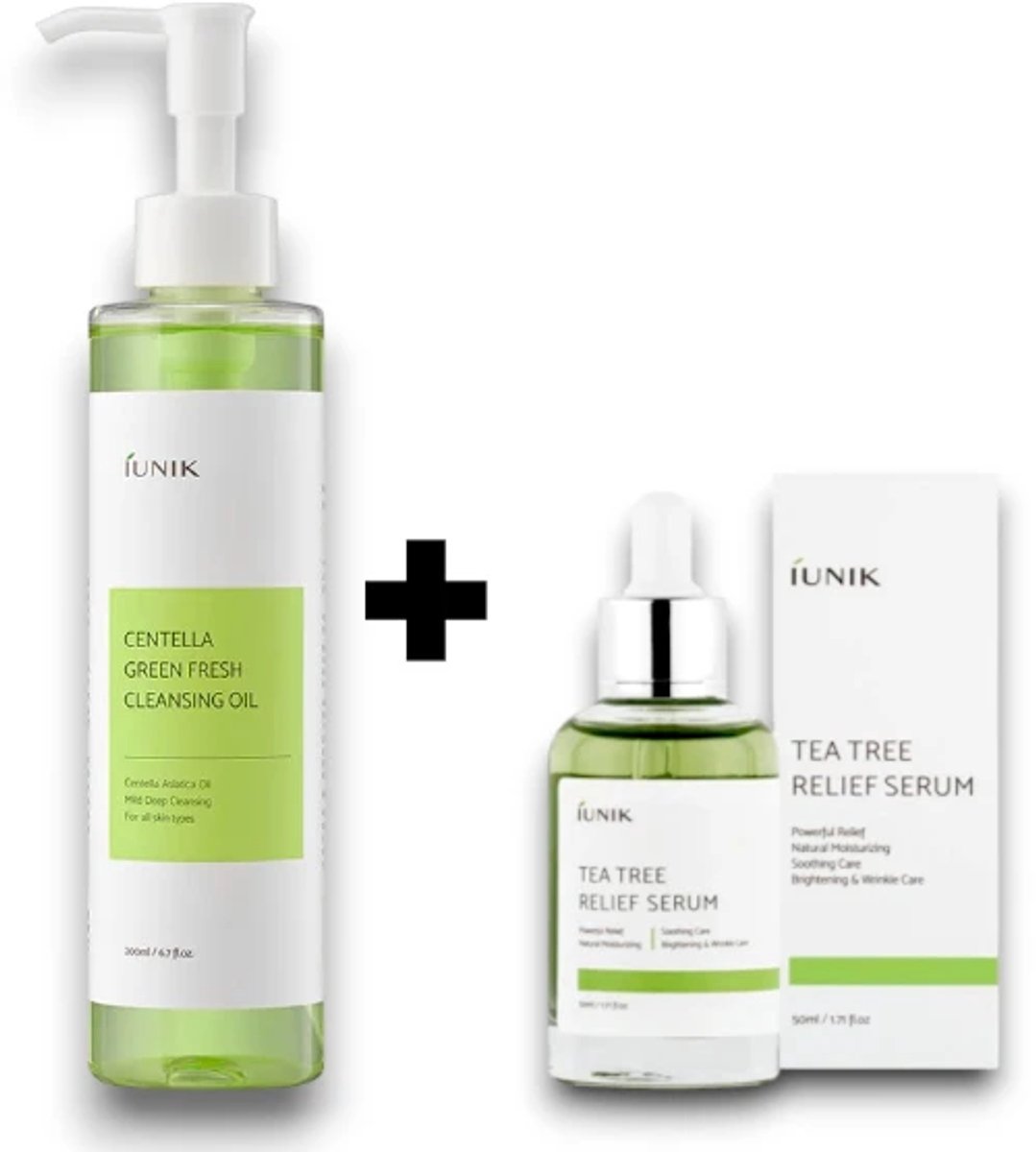 iUNIK-bundel-Centella Green Fresh Cleansing Oil (200 ml) +Tea Tree Relief Serum (50 ml)