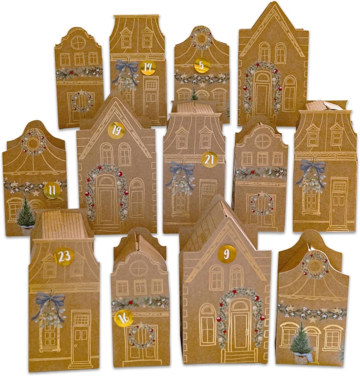 Adventskalender - Oude stad - 24 Huisjes van Inpakpapier - Doe-het-zelf Set voor Kinderen en Volwassenen