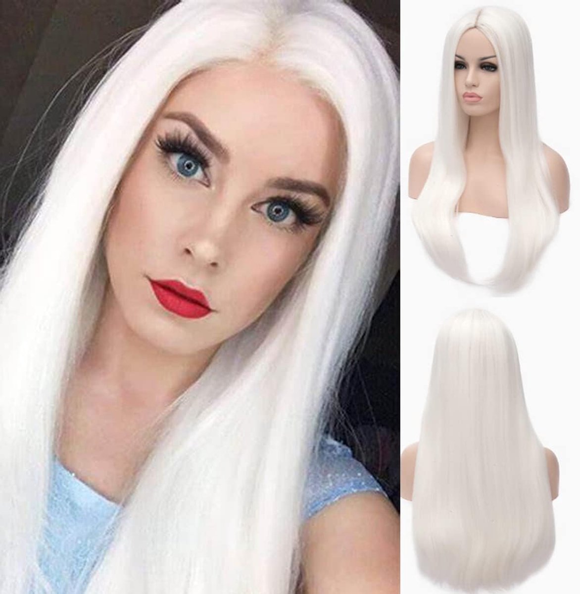 Long White Wig For Women Straight Synthetic White Wig Cosplay Wigs For Party Halloween Carnival Costume (White@0553) - ShopVlot