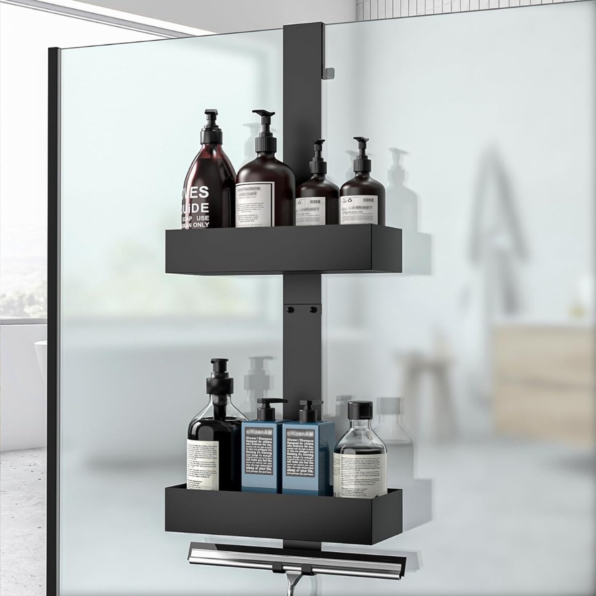 QUOVO® Doucherek aan Douchewand - Hangend Badkamerrek – Deurrek Met Mandjes – Doucheplank – Ophangbaar Doucherek Zonder Boren - Zwart - 10cm x 26cm x 64cm