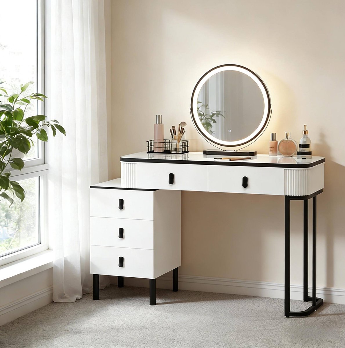 Wishdor Kaptafel met spiegel en lades - Modern design - Hoogglans - Zwart wit - 100 x 40 cm - 360° draaibare ledspiegel