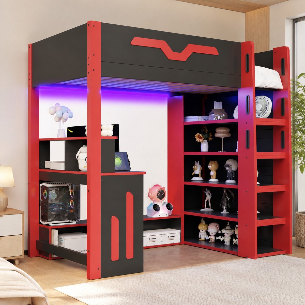 Wishdor Hoogslaper 90x200 cm - Kinderbed met bureau - LED-verlichting en vier etages opbergruimte - Trap met bergruimte - Voor de kinderkamer - Zwart en rood - 205 x 95 x 170 cm