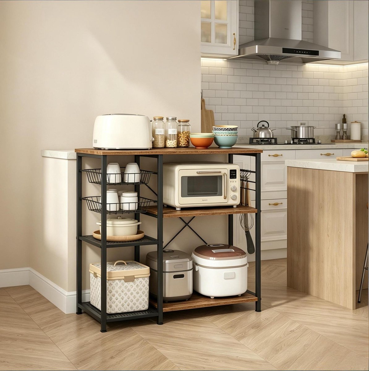 Wishdor Open keukenrek - Industrieel design met 2 draadmanden en 5 haken - Metalen frame met houten planken - Zwart bruin - 90 x 40 x 82 cm