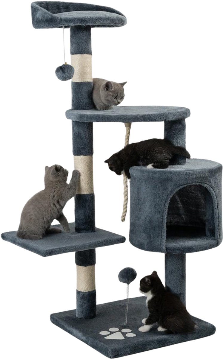 Verte - Krabpal - Krabpaal met 2 Pluche Ballen en Speelkoord - Krabpaal met Sisalkoord en Pluche - Comfortabel Ligplaats en Grot - Geschikt voor Kleine en Grote Katten - Donkergrijs - Hoogte 112 CM