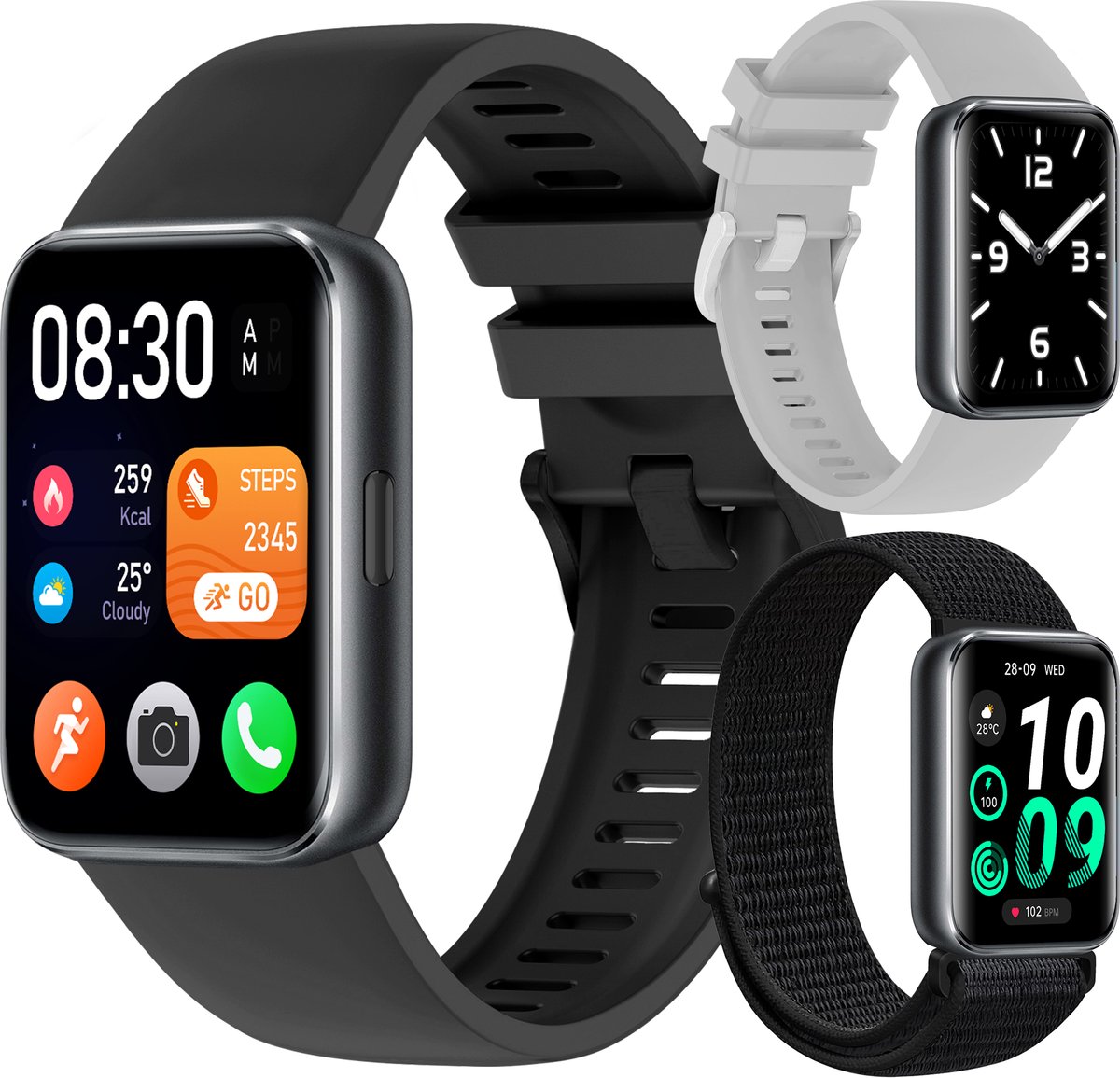 Siltcon® Activity Tracker Pro - Stappenteller Horloge Dames & Heren - Smartwatch Heren - Smartwatch Dames - Belfunctie - 1,75″ Touchscreen - Hartslagmeter & Bloeddrukmeter - Slaapmonitor - Elke Pols - Geschikt voor iOS/Android - Incl. 3 Bandjes