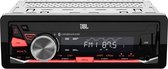 JBL Celebrity 350D 1-DIN Mechless Car Media Receiver met DAB+ en Bluetooth, met rode bedieningselementen.