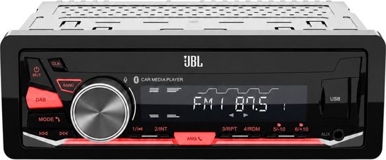 JBL Celebrity 350D 1-DIN Mechless Car Media Receiver met DAB+ en Bluetooth, met rode bedieningselementen.