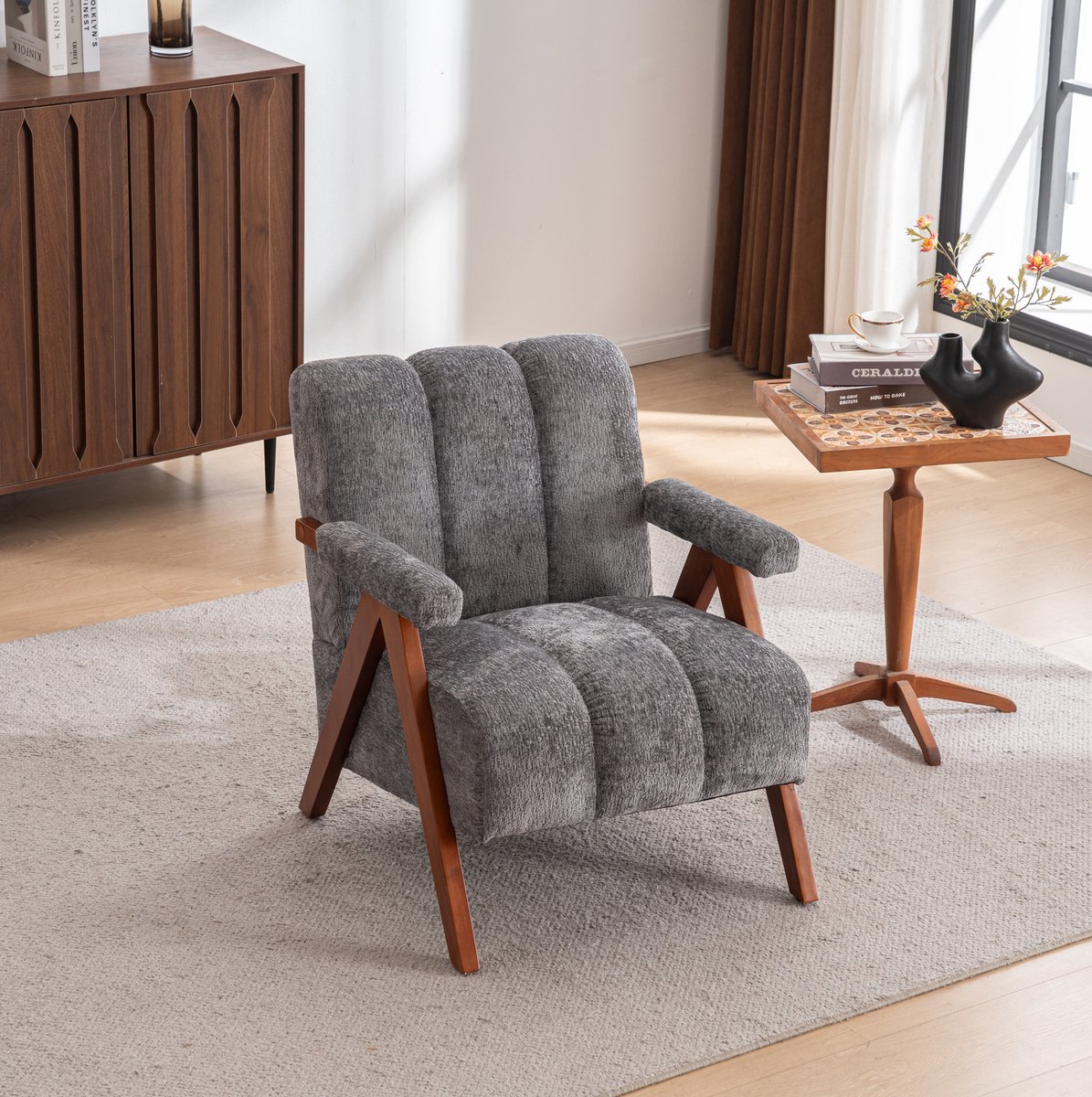 Wishdor Fauteuil grijs bouclé met houten frame en armleuningen - Retro vintage - Comfortabele zitstoel voor woonkamer, slaapkamer en leeshoek - Stof - Grijs - 77 cm