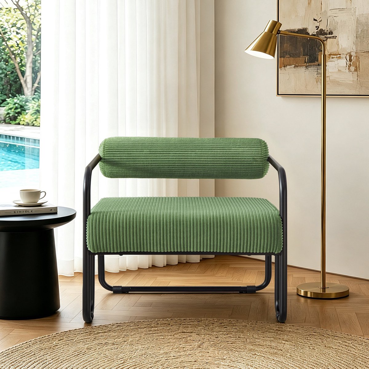 Wishdor Lounge fauteuil - Industrieel design - Corduroy bekleding - Met armleuningen - Metalen frame - Groen - Compact model voor woonkamer slaapkamer en kantoor - 68,5 x 73 x 70,5 cm