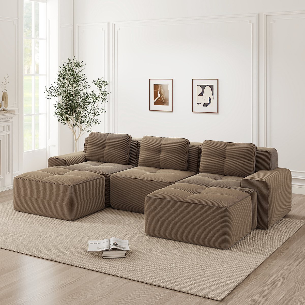 Modulaire U-vormige cloud bank met ottoman - Voor woonkamer en filmavonden - 3-zits - Bruin corduroy - Boneless en montagevrij - Met 74 cm diepe zit - Huisdiervriendelijk en antislip