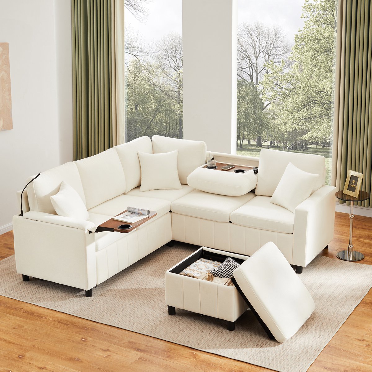 Hoekbank met slaapfunctie en USB-C - L-vormig 205x205 cm - Beige - chenille bekleding - uitschuifbare tafels met bekerhouders - leeslamp - opberghocker