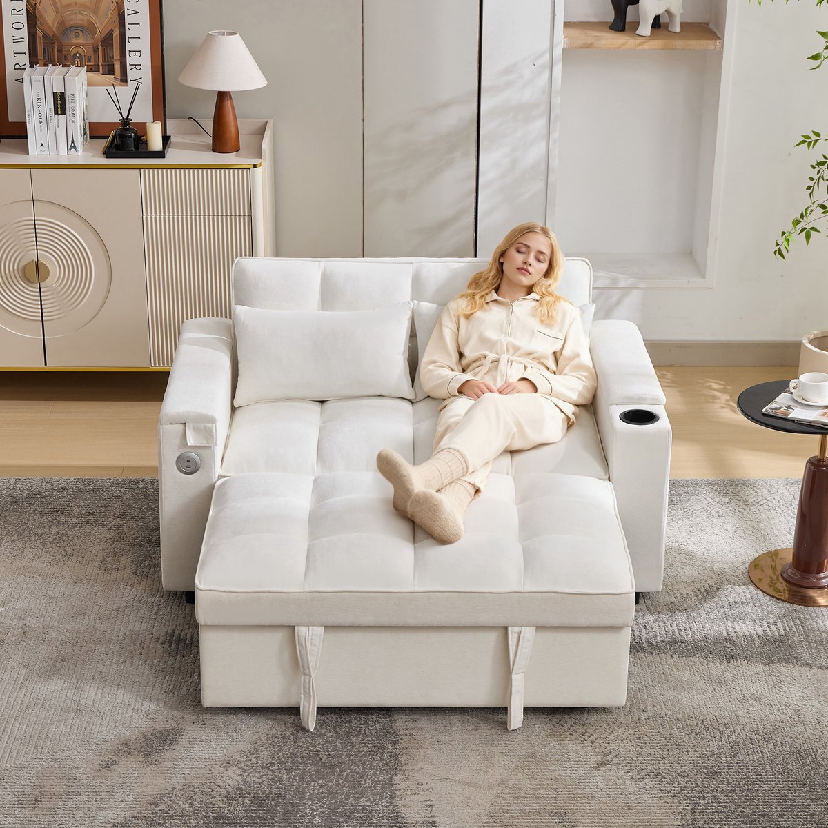 3-in-1 uitschuifbare slaapsofa met USB-C en USB-A - voor kleine ruimtes - 2 personen - 140.5x74x82 cm - beige - verborgen MDF-tafeltje met drankhouders - opbergvak - verstelbare rugleuning 108°-180°