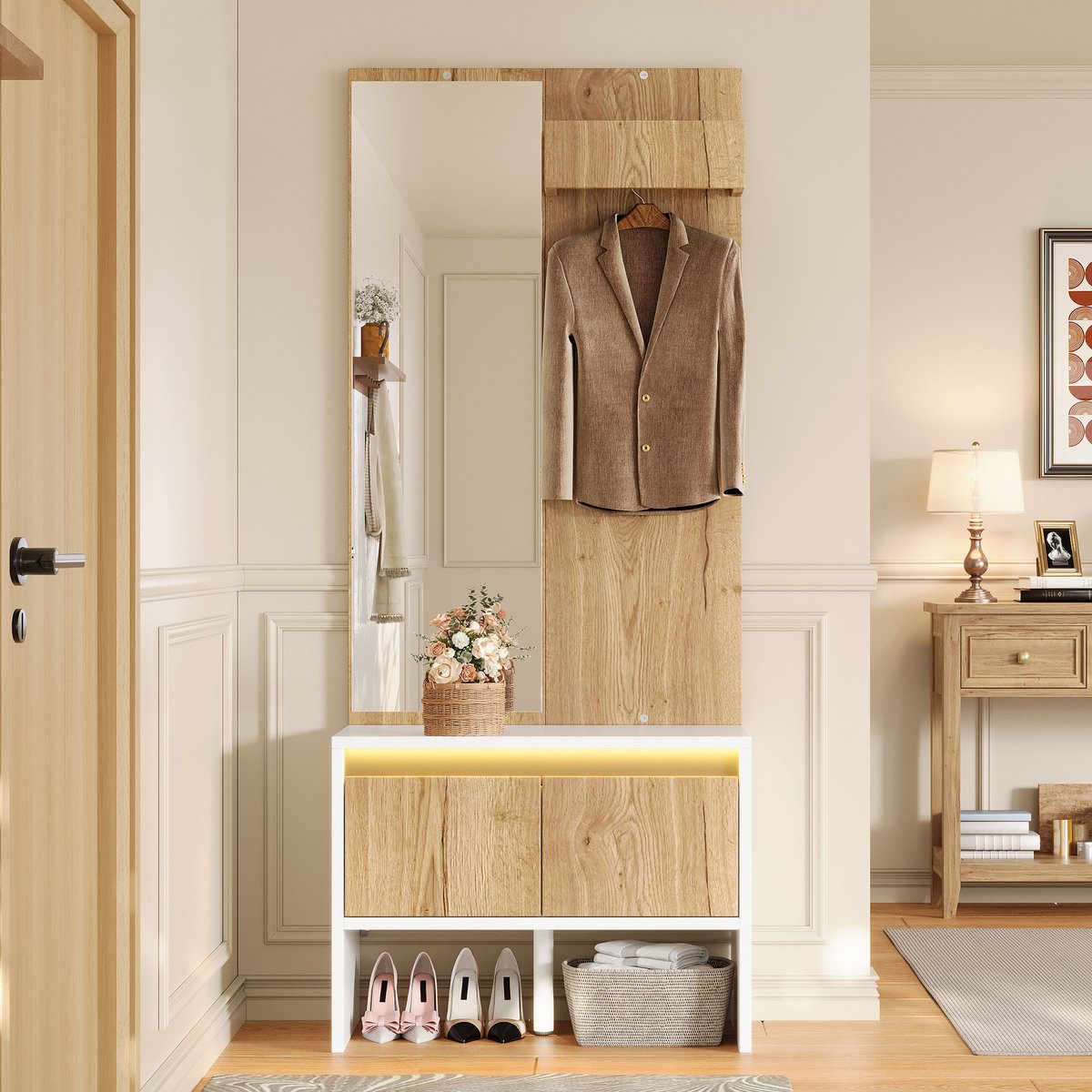 Pugsdrly Garderobeset met kledingrek, kledinghaken, spiegel, schoenenbankje en 2 lades – in wit en naturel, 60×38×145 cm