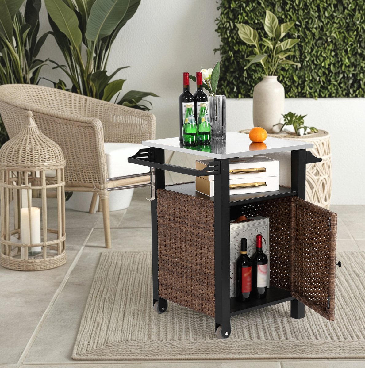 REDOM - Tuinkar - Rolling cart met opbergkast - RVS tafelblad en uitklapbaar zijpaneel - Wieltjes en handgreep - Bruin - 76 x 57 x 85 cm