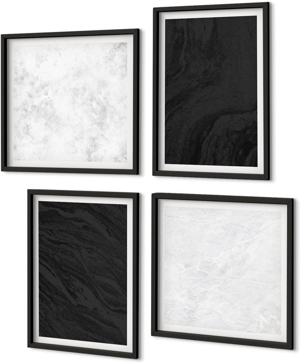 Coloray 4-Delige Schilderij Set - Donker En Licht Marmer: Elegante Texturen In Een Glamoureuze Stijl. - 40 x 40 cm En 40 x 60 cm - Wanddecoratie - Muurdecoratie - Moderne Interieurdecoratie Zwarte lijst