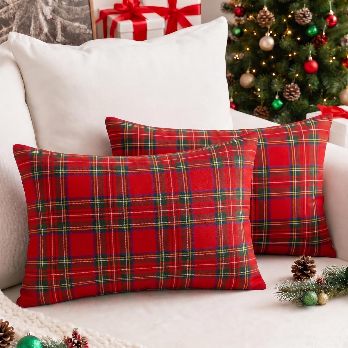 Set of 2 Red Christmas Cushion Covers 30 x 50 cm Velvet Checked Winter Christmas Decoration Pillow Covers Throw Pillow - ShopVlot