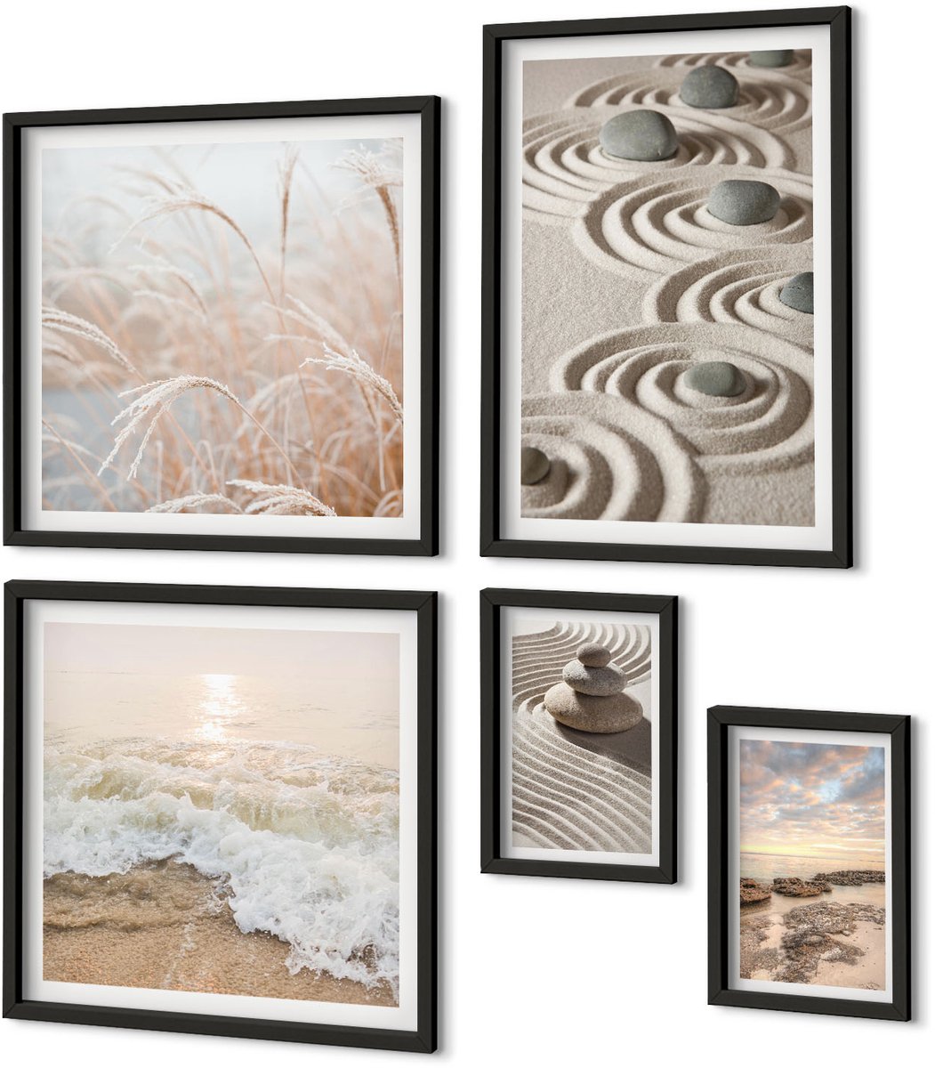 Coloray 5-Delige Schilderij Set - Rustgevende Natuurlandschappen Met Stenen En Zeegolven - 50 x 50 cm, 20 x 30 cm En 40 x 60 cm - Schilderijen Set - Wanddecoratie - Woonkamer