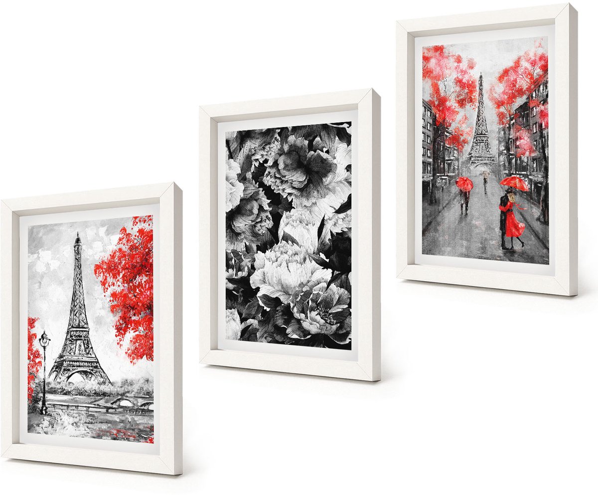 Coloray 3-Delige Schilderij Set - Eiffeltoren in grijs met rode accenten - 20x30 - Muurdecoratie - Interieur Decoratie - Decoratieve Schilderijen