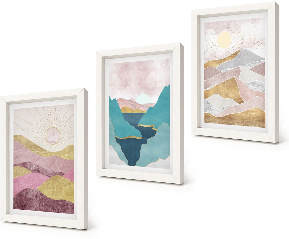 Coloray 3-Delige Schilderij Set - Abstracte landschappen met bergen en zon - 20x30 - Stijlvolle Wanddecoratie - Interieur - Interieur Decoratie