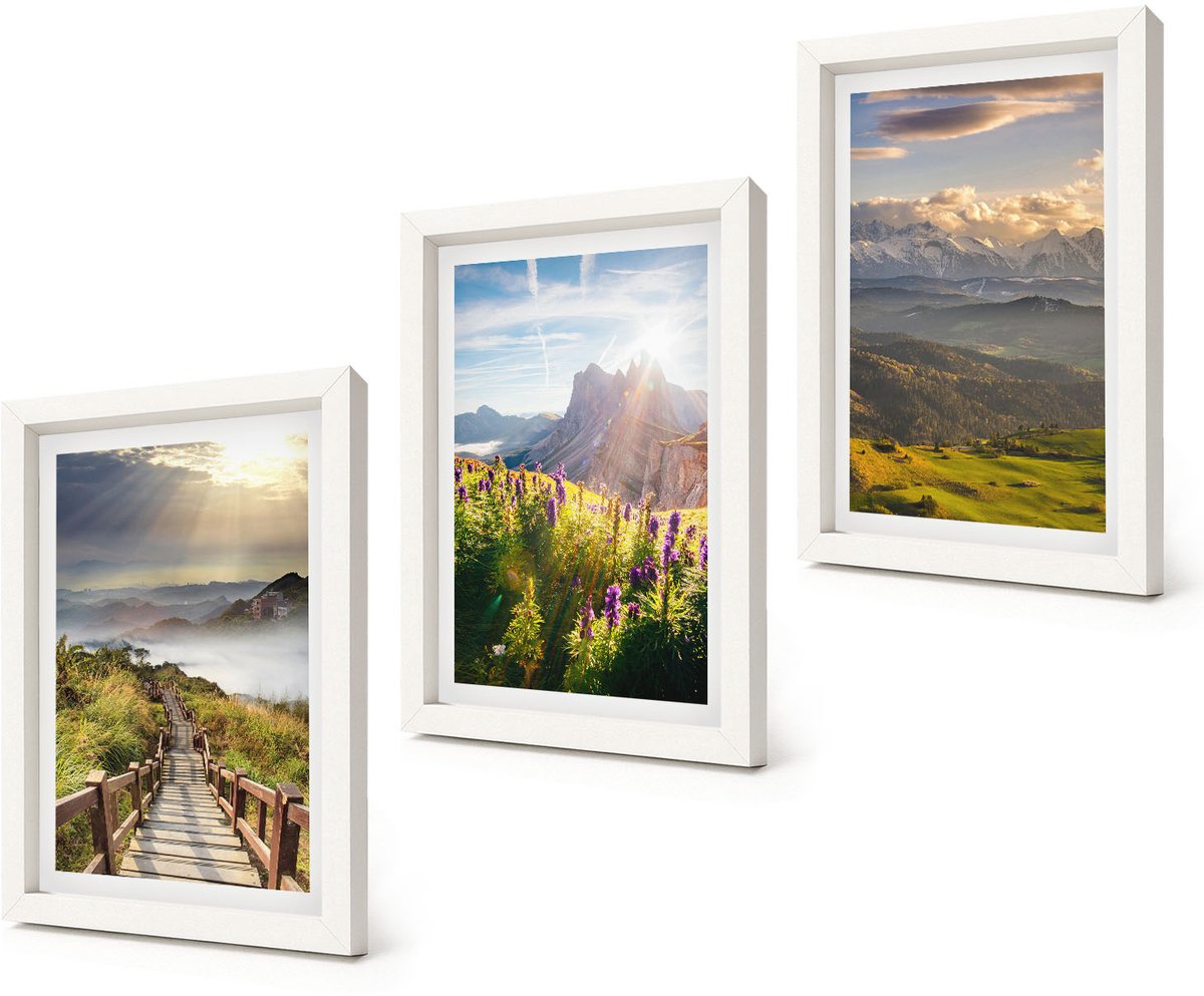 Coloray 3-Delige Schilderij Set - Berglandschappen met bloemen, lucht en pad. - 20x30 - Muurdecoratie - Interieur Decoratie - Moderne Wanddecoratie