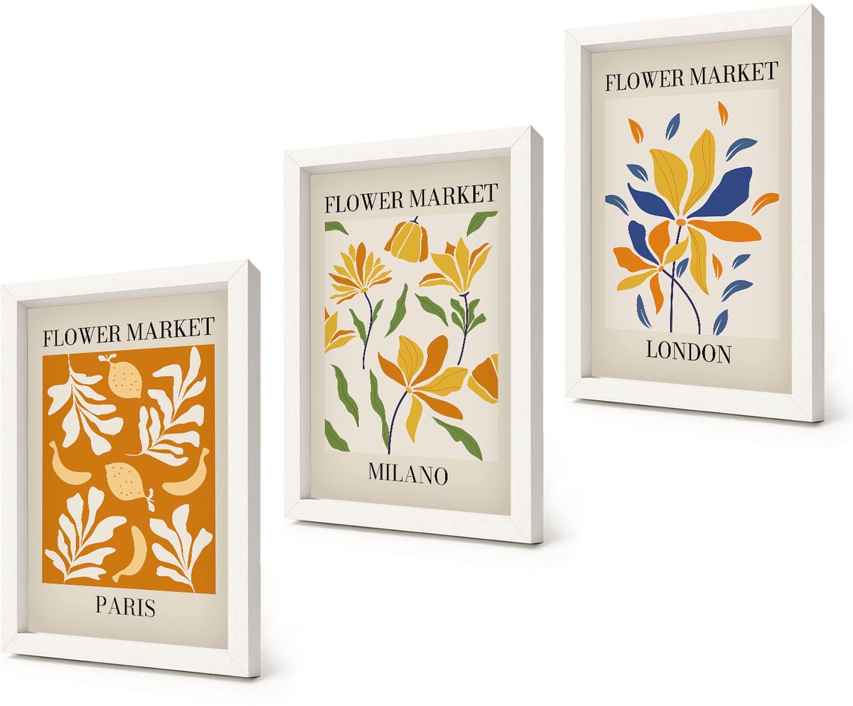 Coloray 3-Delige Schilderij Set - Bloemenposters Parijs Milaan Londen - 20x30 - Stijlvolle Wanddecoratie - Interieur