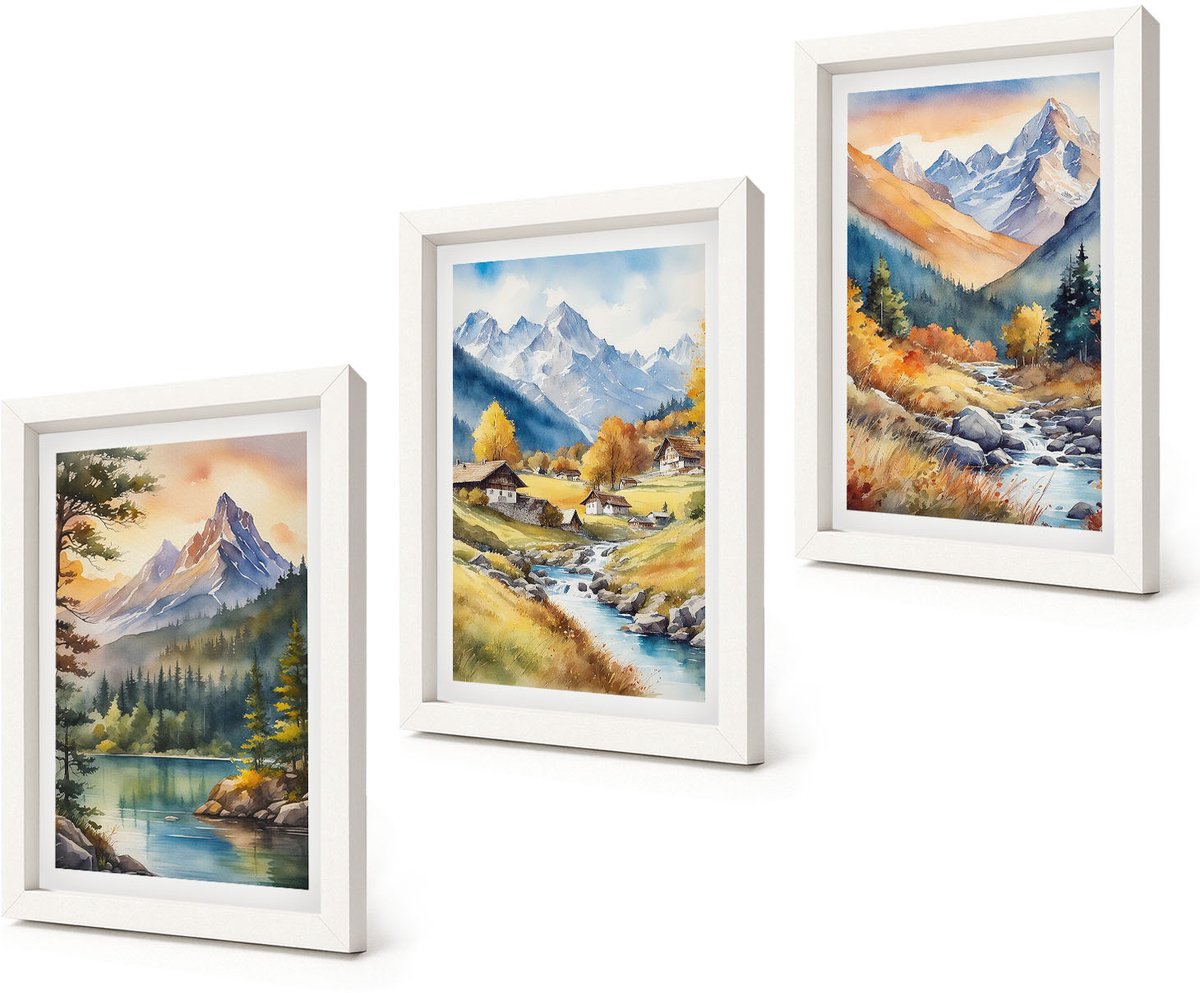 Coloray 3-Delige Schilderij Set - Berglandschap met een rivier en huisjes in herfstkleuren. - 20x30 - Wanddecoratie - Schilderijen Set - Kantoor - Moderne Wanddecoratie
