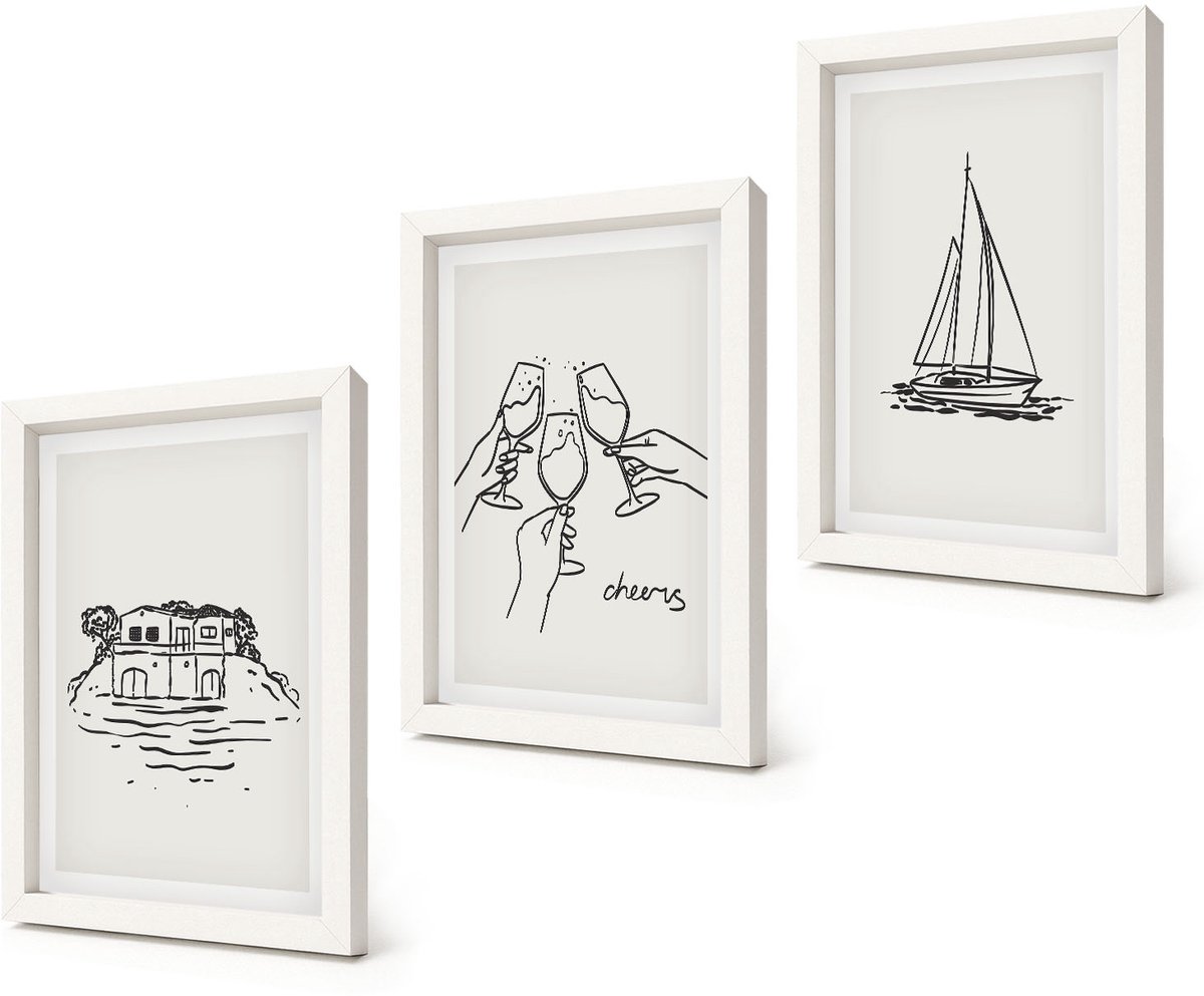 Coloray 3-Delige Schilderij Set - Uitzicht op het water, een huis dat proost met glazen en een zeilboot. - 20x30 - Decoratieve Schilderijen - Woonkamer - Interieur - Muurdecoratie