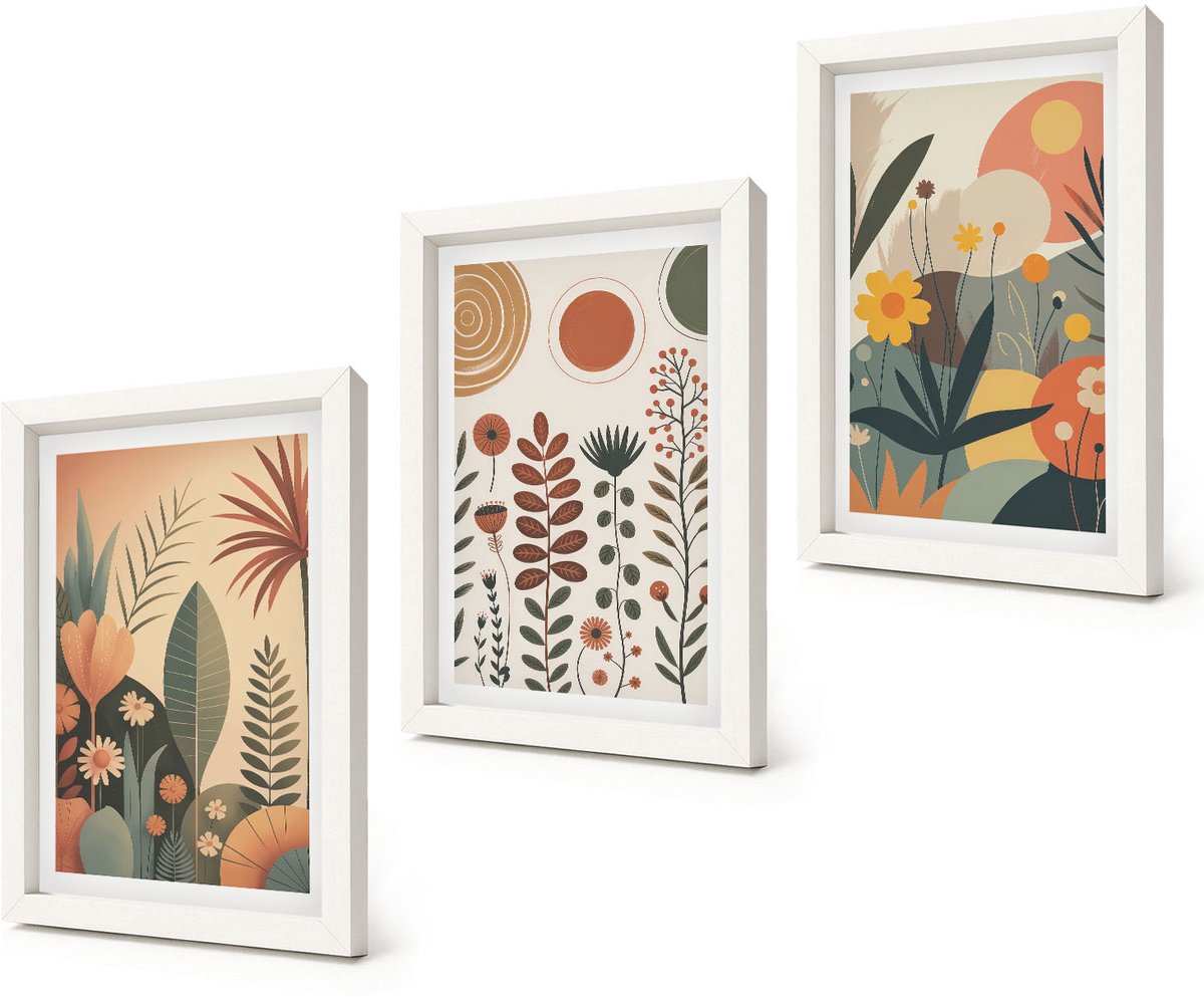 Coloray 3-Delige Schilderij Set - Boho-plantenpatronen in warme tinten met natuur. - 20x30 - Decoratieve Muurdecoratie - Slaapkamer - Woonkamer Decoratie