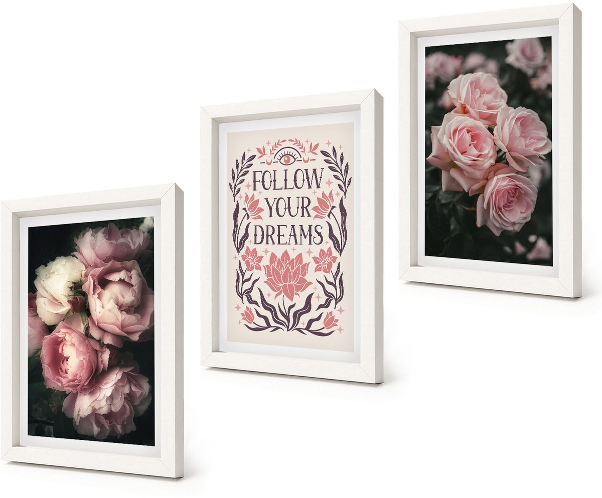 Coloray 3-Delige Schilderij Set - Vintage rozen met de inscriptie 'Over dromen'. - 20x30 - Moderne Wanddecoratie - Woonkamer - Woonkamer Decoratie
