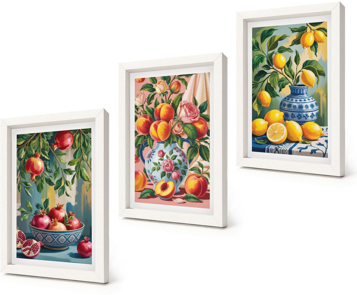 Coloray 3-Delige Schilderij Set - Fruitcomposities met granaatappels, citroenen en perziken - 20x30 - Wanddecoratie - Schilderijen Set - Interieur - Decoratieve Schilderijen
