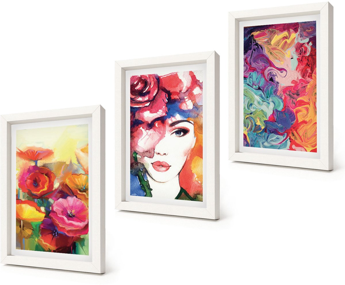 Coloray 3-Delige Schilderij Set - Bloemen in intense kleuren Portret van een vrouw Abstract - 20x30 - Stijlvolle Muurdecoratie - Slaapkamer - Wanddecoratie