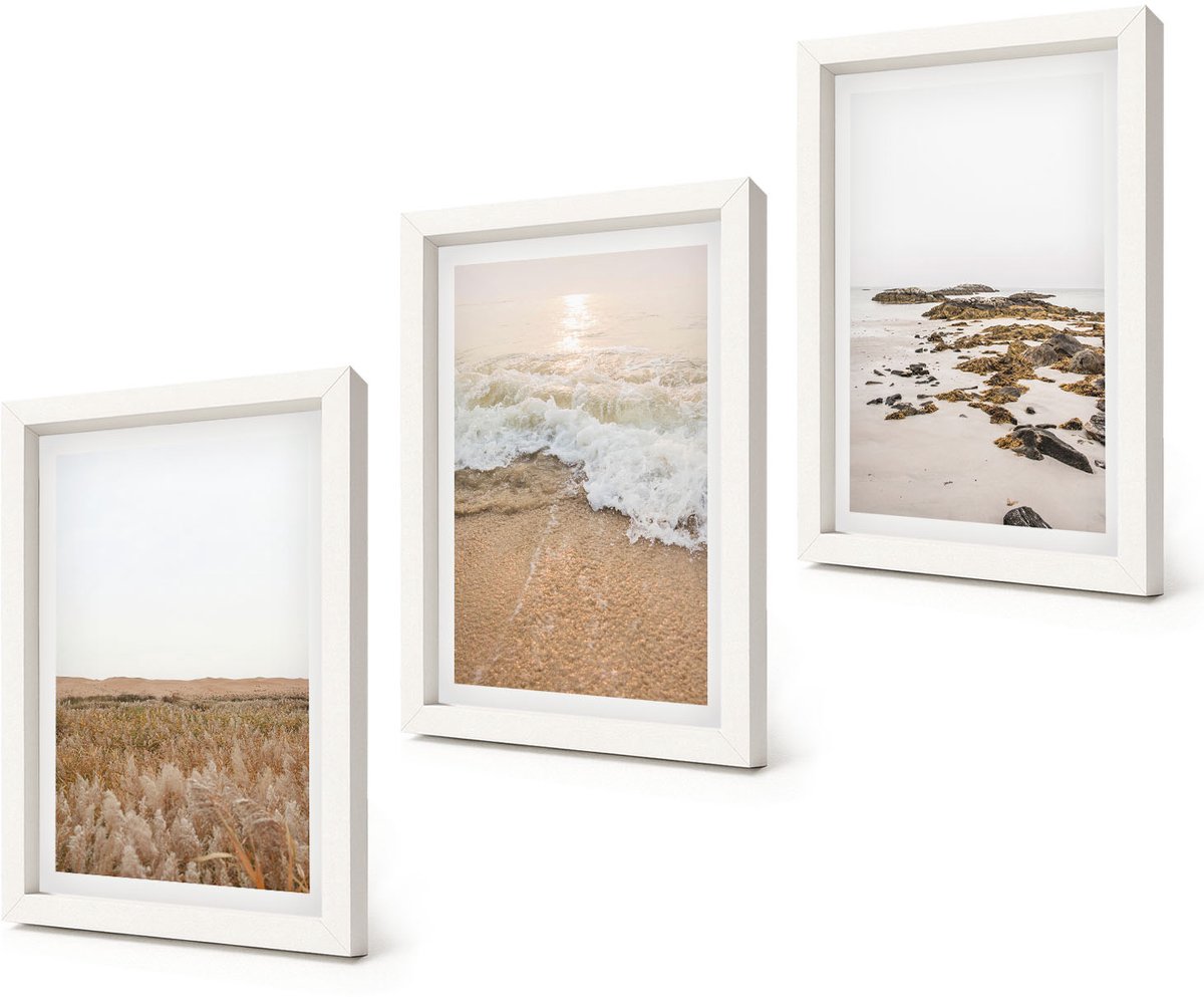 Coloray 3-Delige Schilderij Set - Strand met golven en zeestenen in de zomer - 20x30 - Wanddecoratie - Muurdecoratie - Moderne Interieurdecoratie - Interieur Decoratie