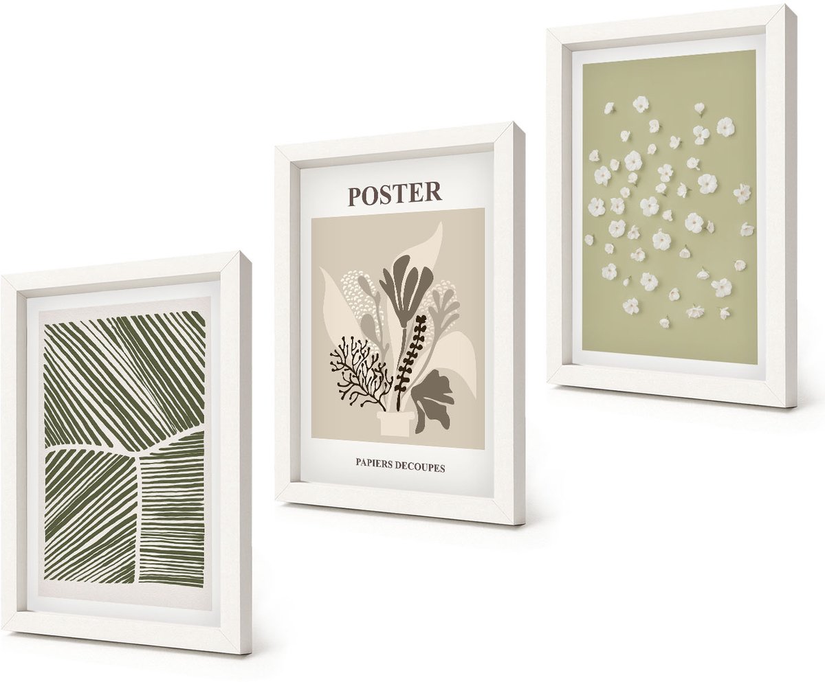 Coloray 3-Delige Schilderij Set - Plantmotieven in ingetogen kleuren en patronen. - 20x30 - Stijlvolle Wanddecoratie - Interieur - Stijlvolle Muurdecoratie