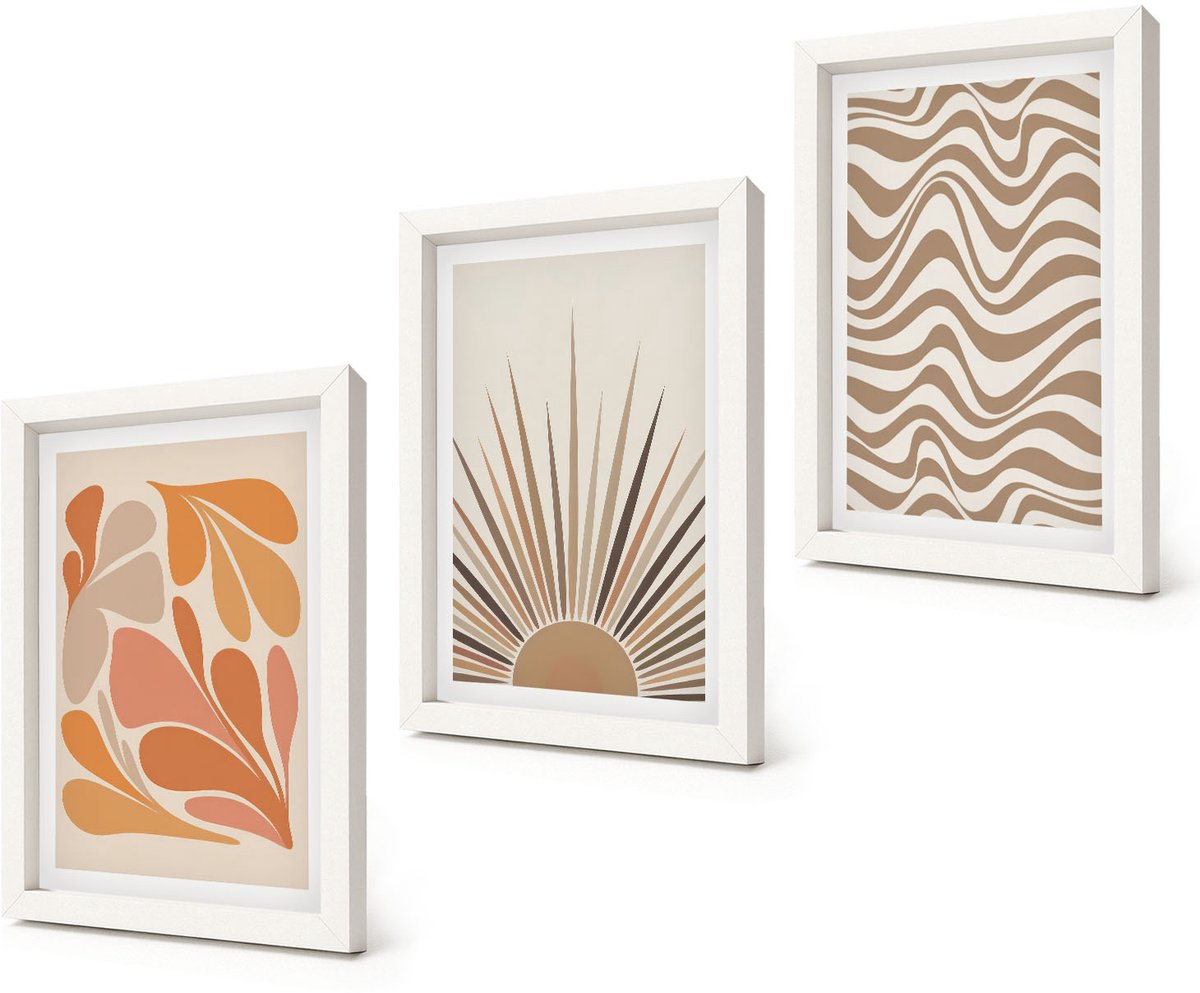 Coloray 3-Delige Schilderij Set - Zon Boho Pastel Abstracte Vormen - 20x30 - Wanddecoratie - Muurdecoratie - Woonkamer