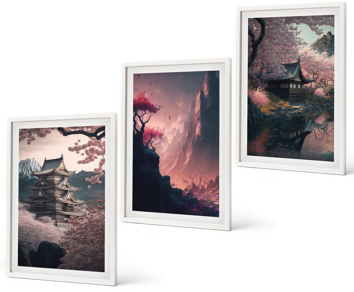 Coloray 3-Delige Schilderij Set - Fantasielandschappen Van Japan Berglandschappen - 40 x 60 - Muurdecoratie - Wanddecoratie - Slaapkamer - Interieur Decoratie