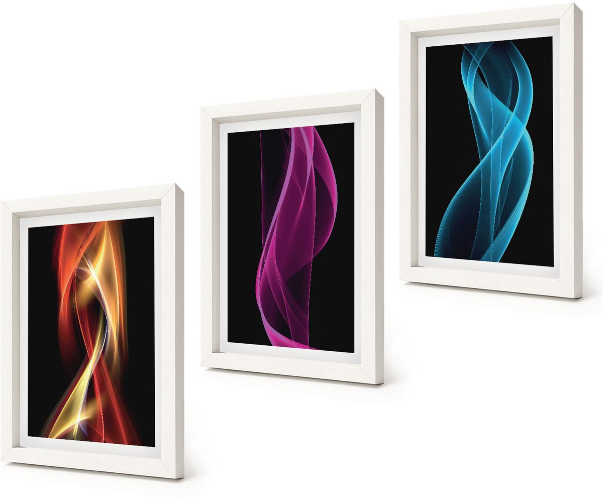 Coloray 3-Delige Schilderij Set - Golven van kleurrijke neonlijnen op een donkere achtergrond - 20x30 - Schilderijen Set - Wanddecoratie - Woonkamer - Stijlvolle Muurdecoratie