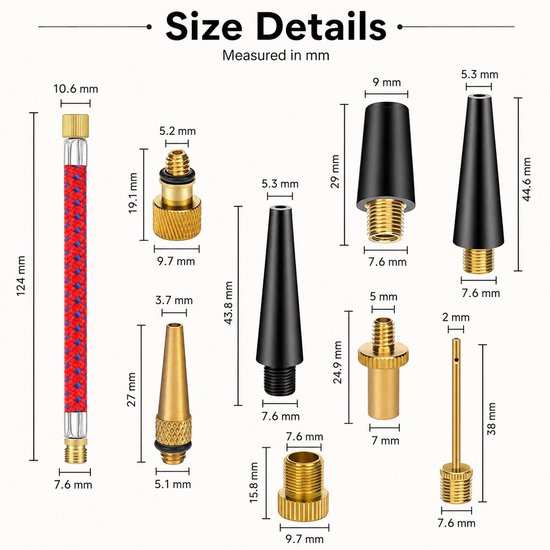 Ventiel Adapter Set Fiets - 38 Delige Ventielset - Fiets Ventiel Verloopstukken - Balnaalden & Pomp Adapters - Universele Fietsaccessoires — afbeelding 5