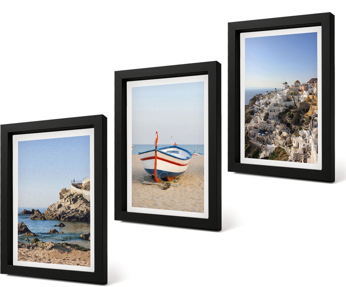 Coloray 4-Delige Schilderij Set - Uitzicht op zee met boten en witte huizen in Griekenland - 20 x 30 cm - Muurdecoratie - Schilderijen Set - Woonkamer - Moderne Wanddecoratie