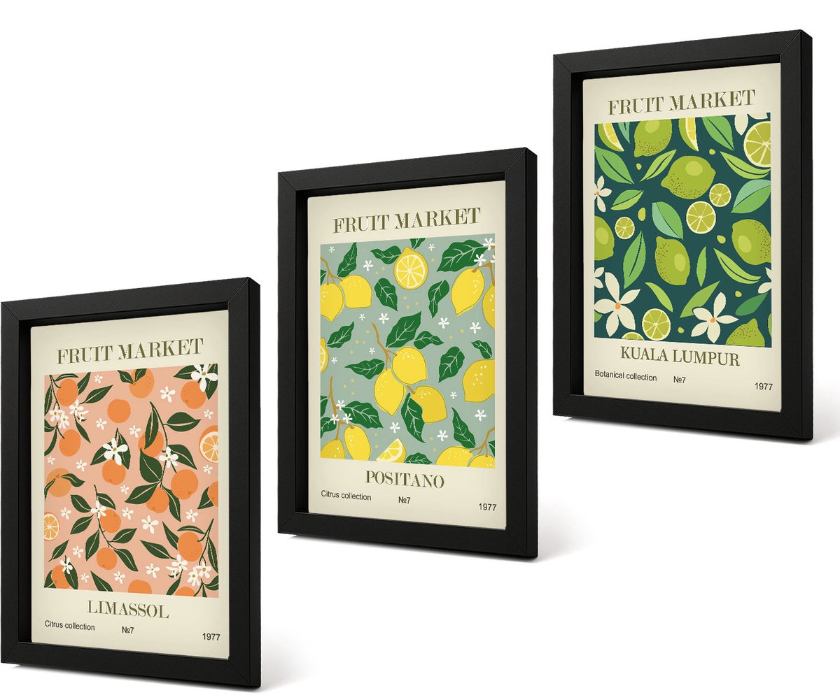 Coloray 4-Delige Schilderij Set - Fruitpatronen met citrusvruchten en vintage bloemen - 20 x 30 cm - Schilderijen Set - Wanddecoratie - Woonkamer