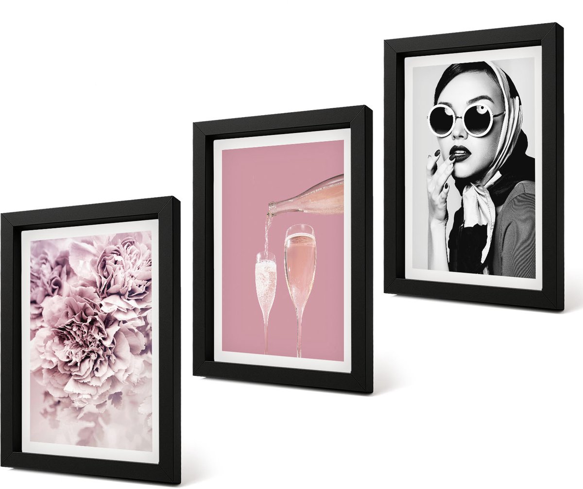 Coloray 4-Delige Schilderij Set - Bloemen in verschillende tinten roze en een elegante vrouw - 20 x 30 cm - Wanddecoratie - Muurdecoratie - Moderne Interieurdecoratie