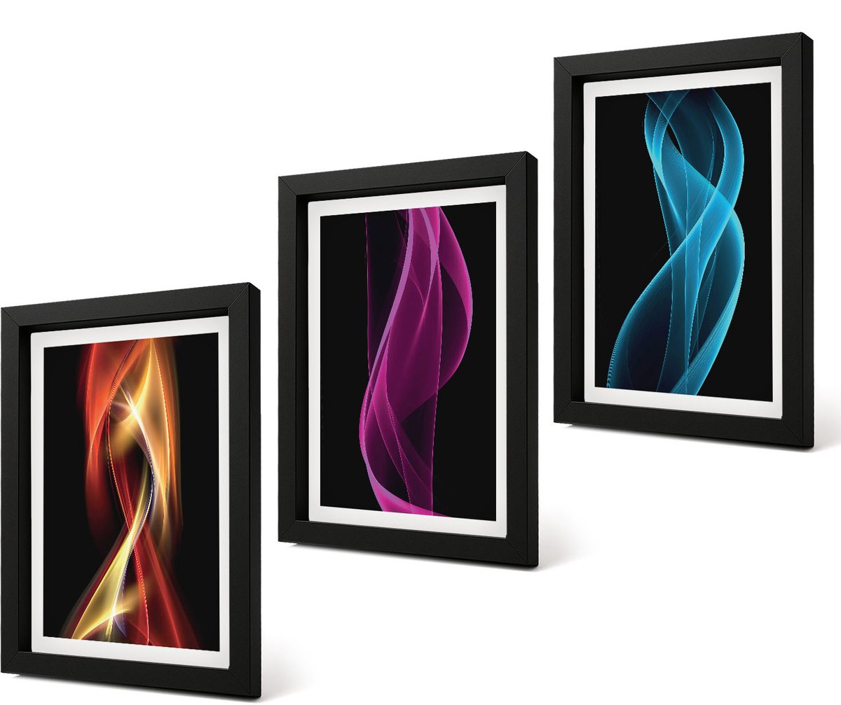 Coloray 4-Delige Schilderij Set - Golven van kleurrijke neonlijnen op een donkere achtergrond - 20 x 30 cm - Schilderijen Set - Wanddecoratie - Woonkamer - Interieur Decoratie