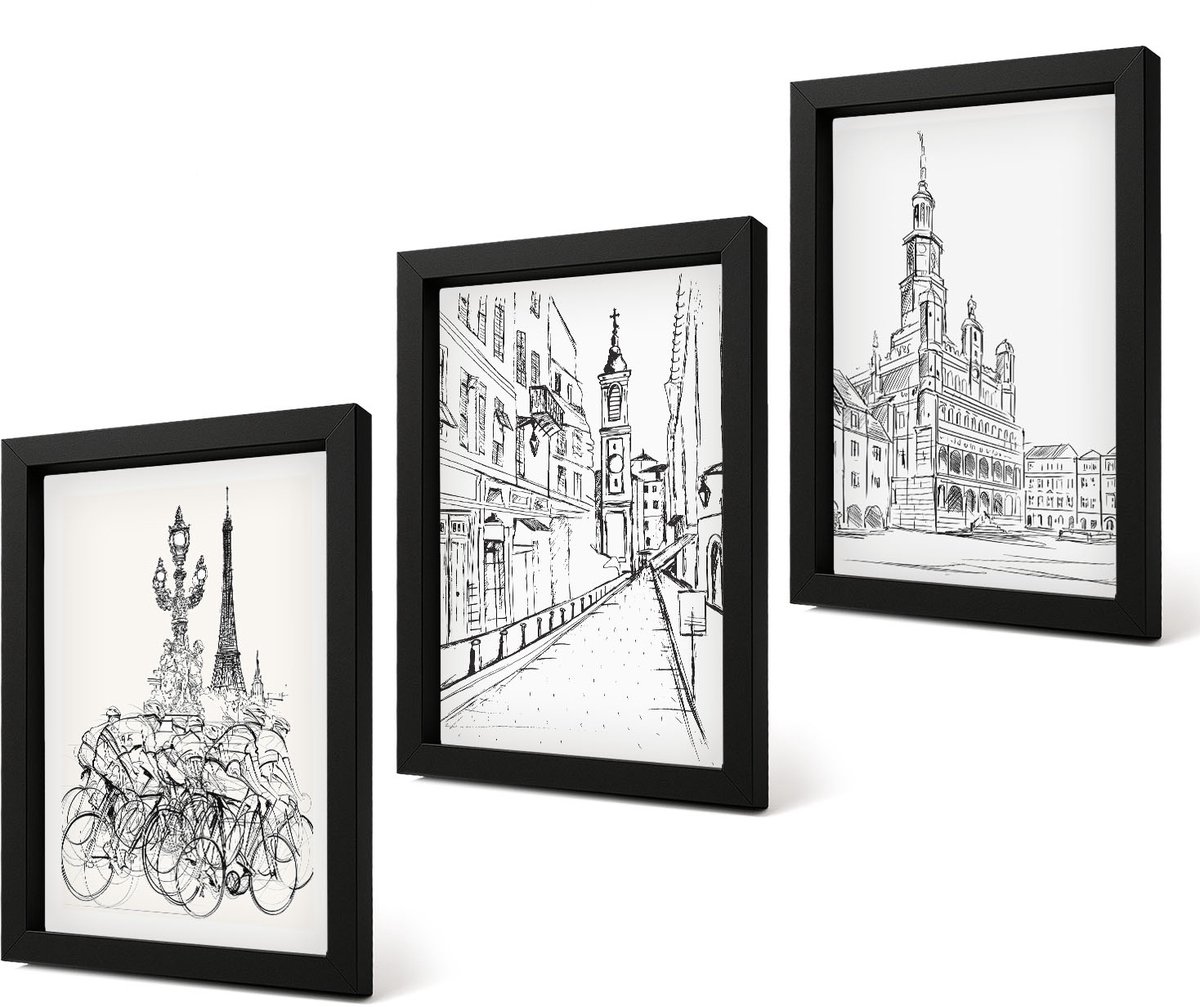 Coloray 4-Delige Schilderij Set - Eenvoudige tekeningen van stadsgezichten - 20 x 30 cm - Schilderijen Set - Wanddecoratie - Woonkamer - Muurdecoratie