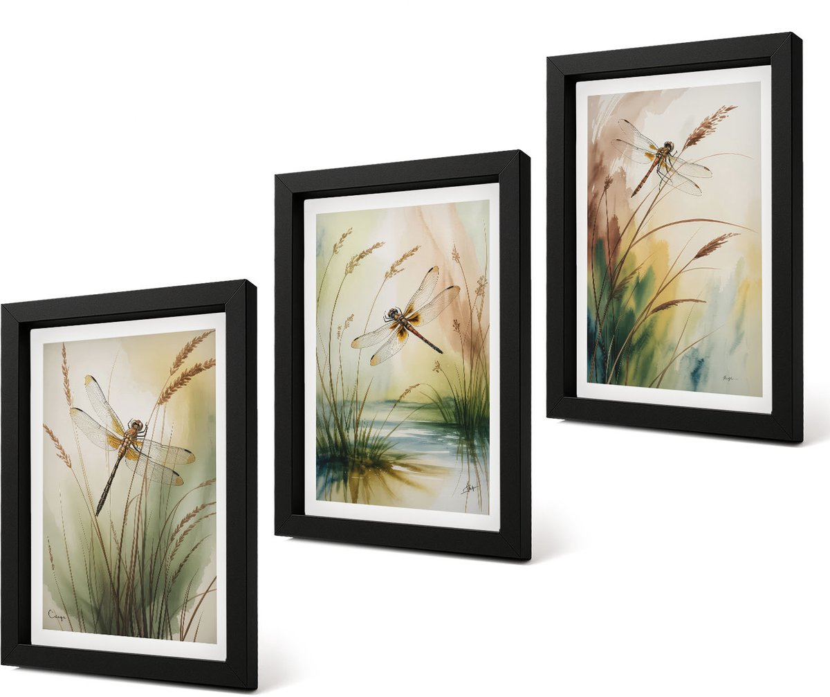 Coloray 4-Delige Schilderij Set - Libellen tussen het gras bij het water in een schilderachtige stijl. - 20 x 30 cm - Stijlvolle Muurdecoratie - Kantoor