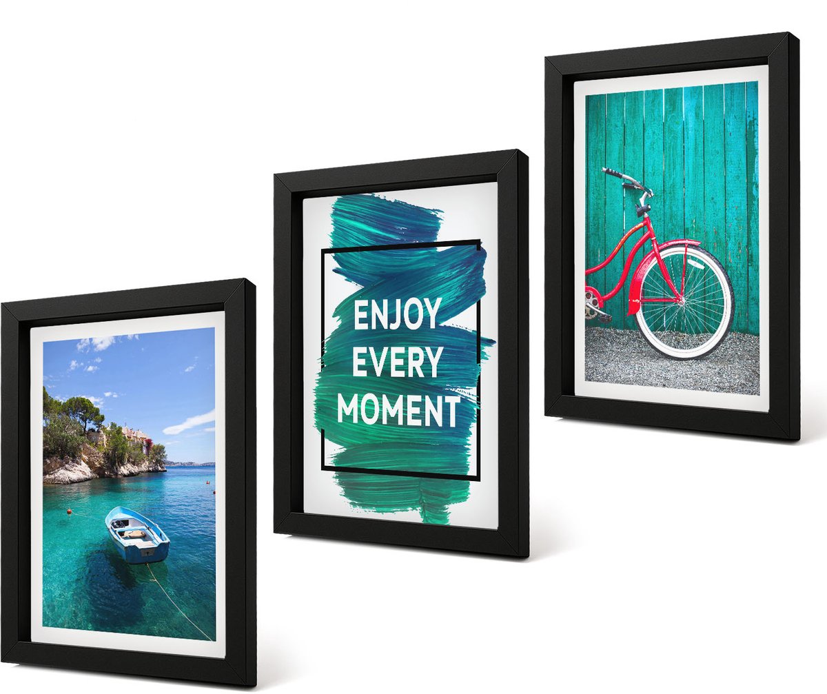 Coloray 4-Delige Schilderij Set - Zeezicht met boot en fiets, inspirerende belettering - 20 x 30 cm - Muurdecoratie - Wanddecoratie - Hal - Stijlvolle Muurdecoratie