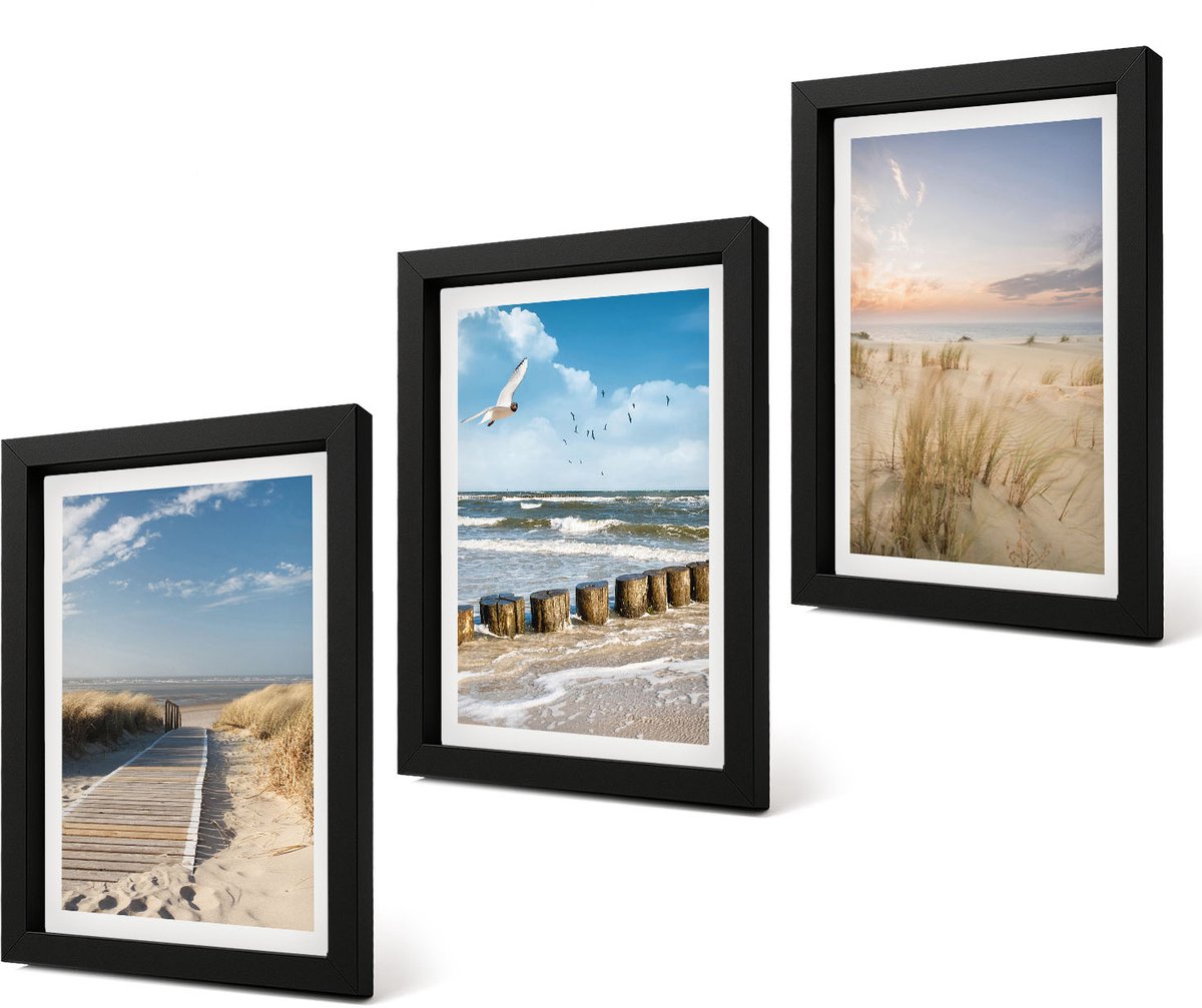 Coloray 4-Delige Schilderij Set - Strand met zand, golven, lucht en vogels in de lucht. - 20 x 30 cm - Wanddecoratie - Muurdecoratie - Woonkamer