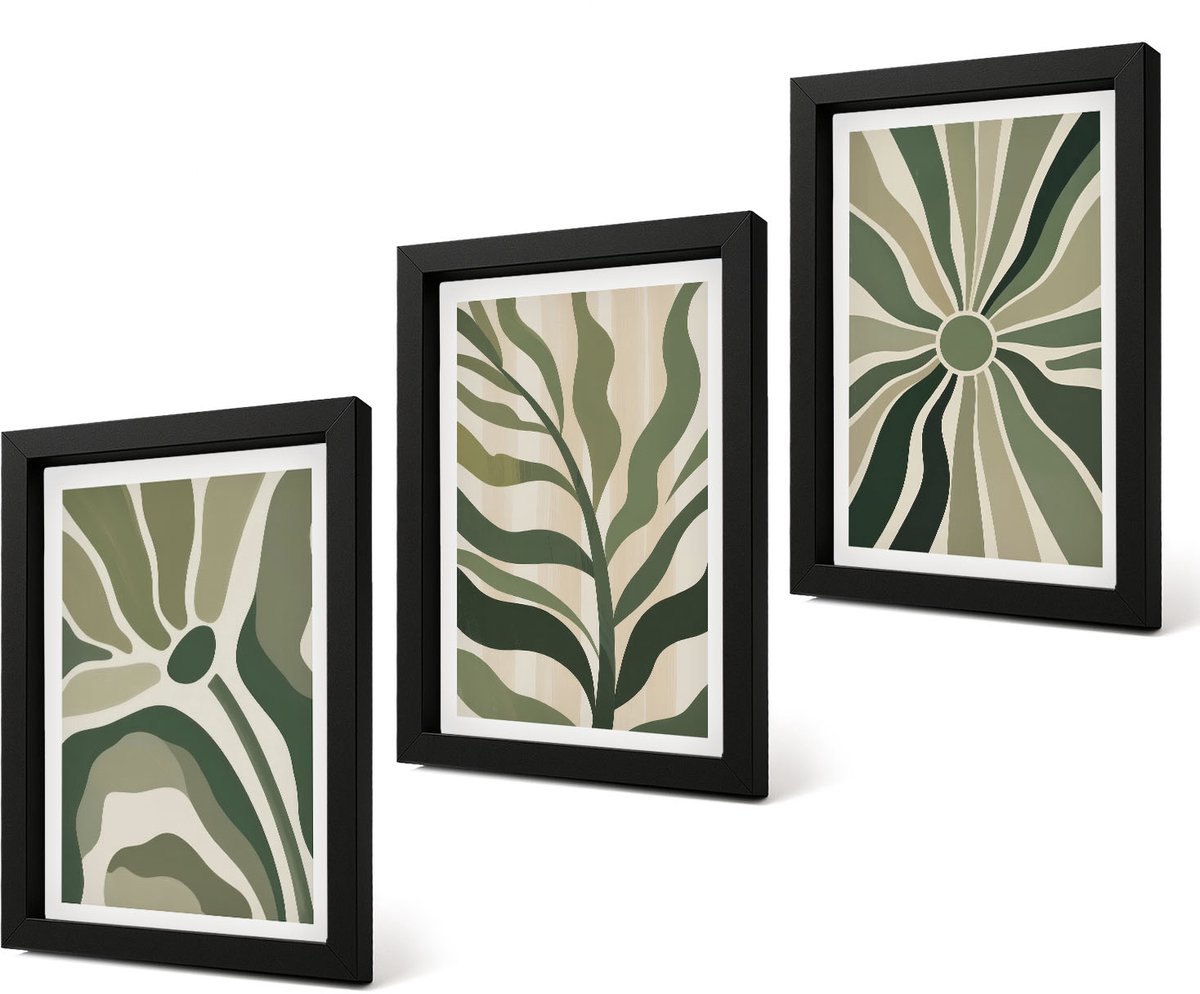 Coloray 4-Delige Schilderij Set - Plantenpatronen in tinten groen en beige - 20 x 30 cm - Stijlvolle Muurdecoratie - Kantoor