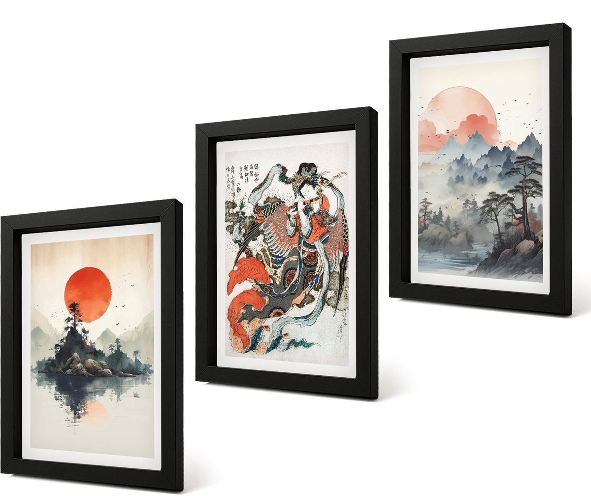 Coloray 4-Delige Schilderij Set - Aziatische schilderijen: landschappen en portretten in de Japandi-stijl. - 20 x 30 cm - Muurdecoratie - Wanddecoratie - Slaapkamer