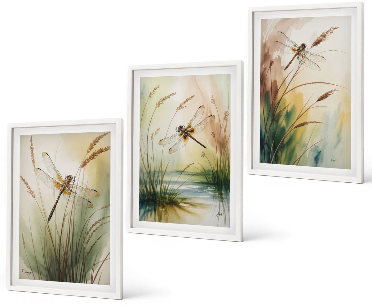 Coloray 3-Delige Schilderij Set - Libellen Tussen Het Gras Bij Het Water In Een Schilderachtige Stijl. - 40 x 60 - Muurdecoratie - Decoratieve Schilderijen - Wohnzimmer - Interieur Decoratie Witte lijst
